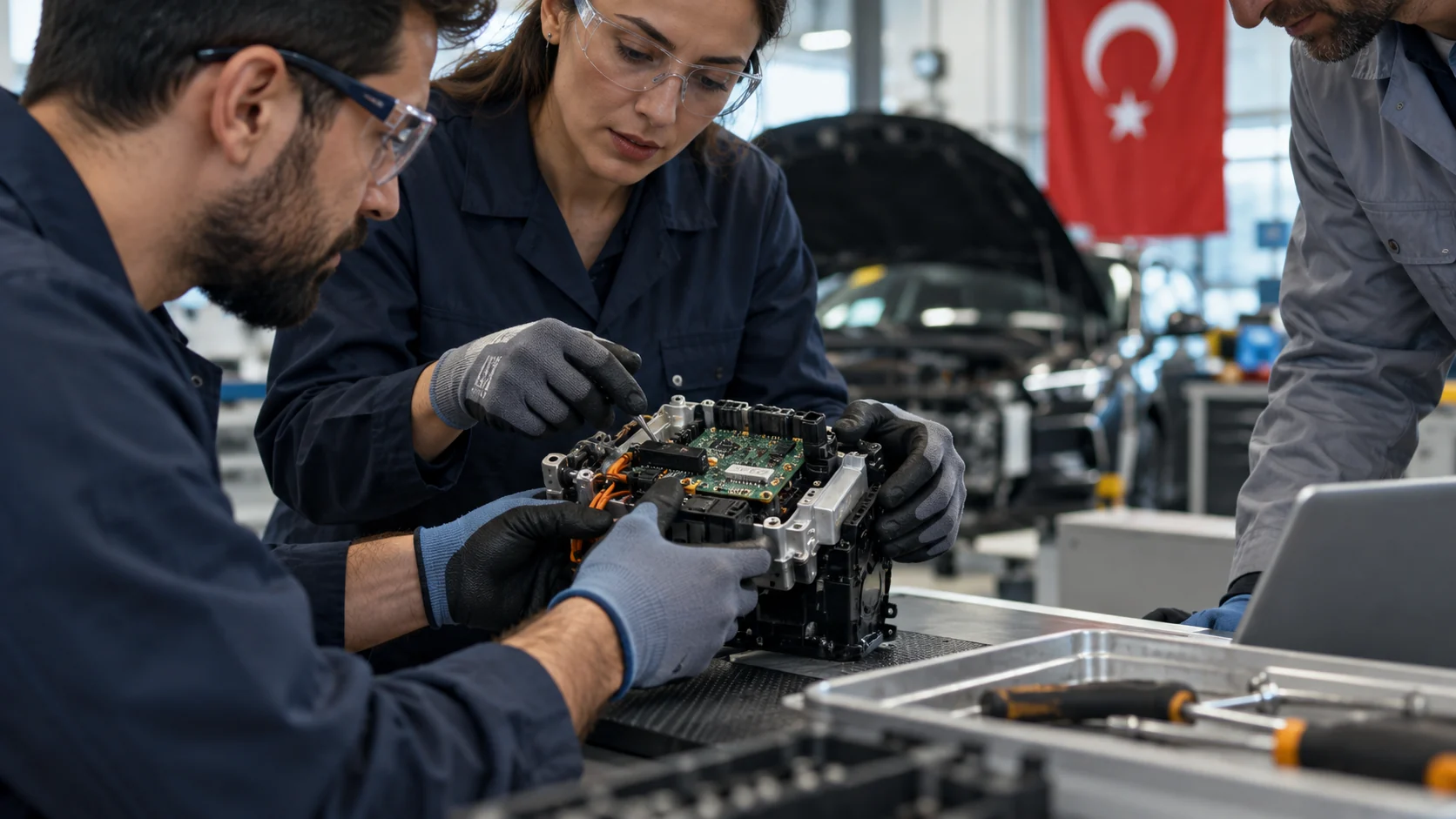 Automotive specialists reviewing an inert training module with an instructor