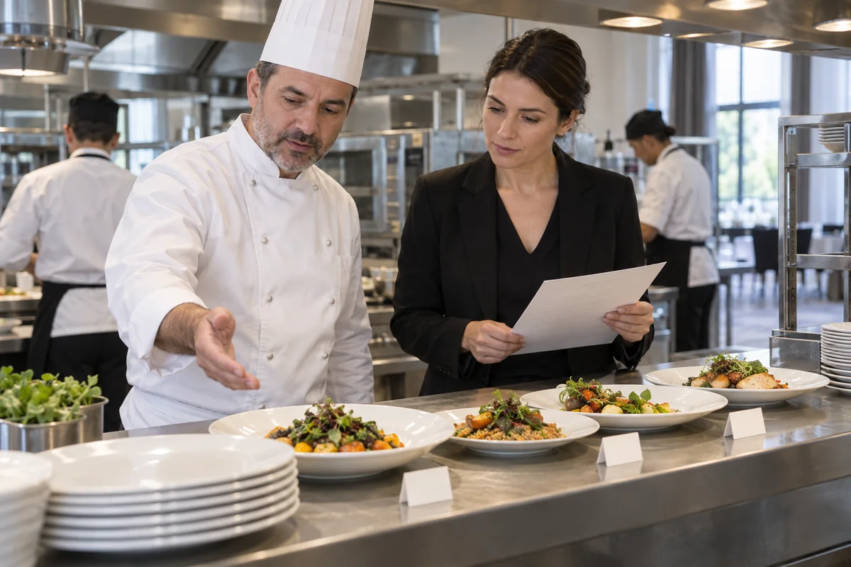 A catering manager and chef confirming the plated meal service plan for a corporate event in Turkey