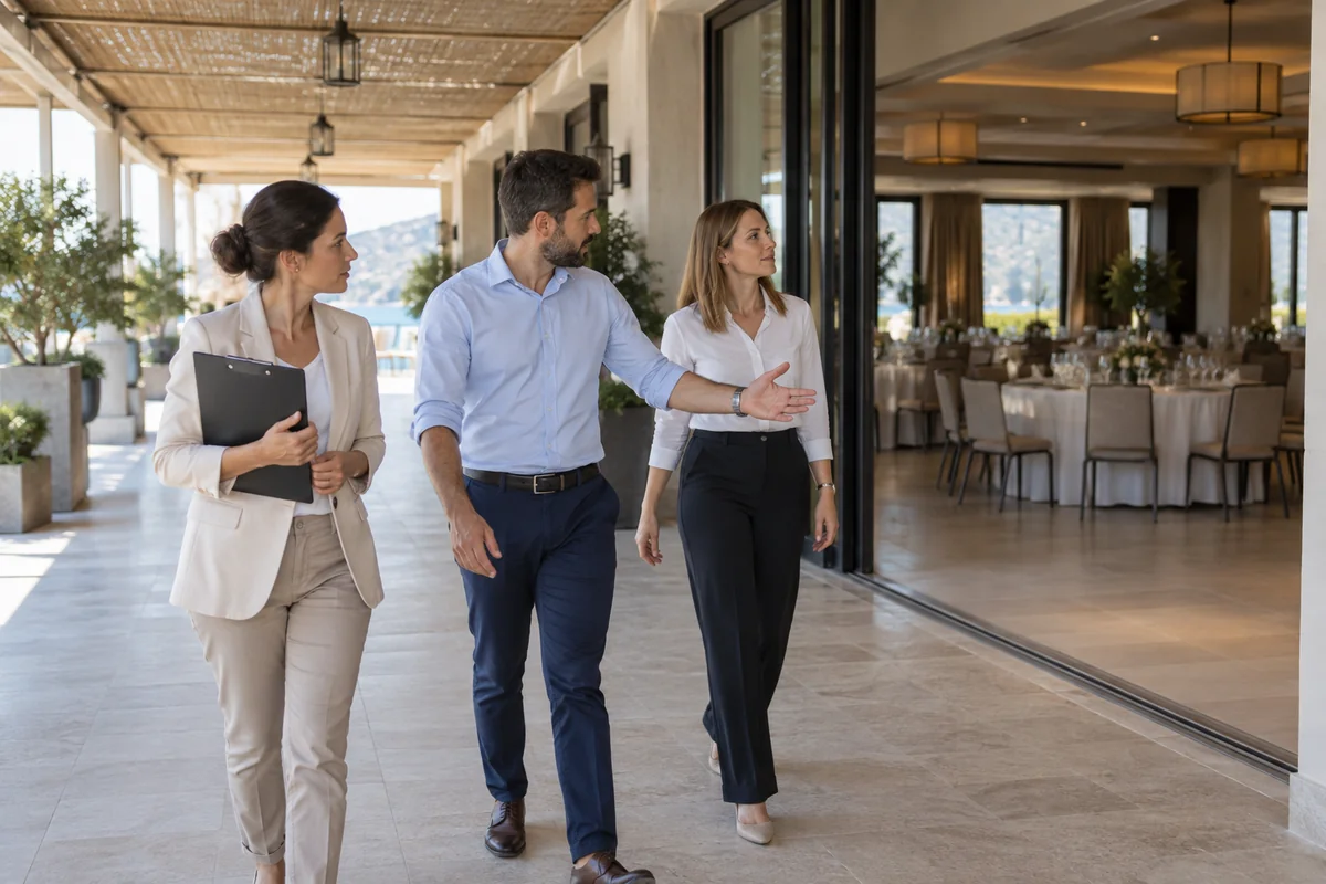 Event planning team walking the covered route to an indoor backup venue during a site inspection in Turkey