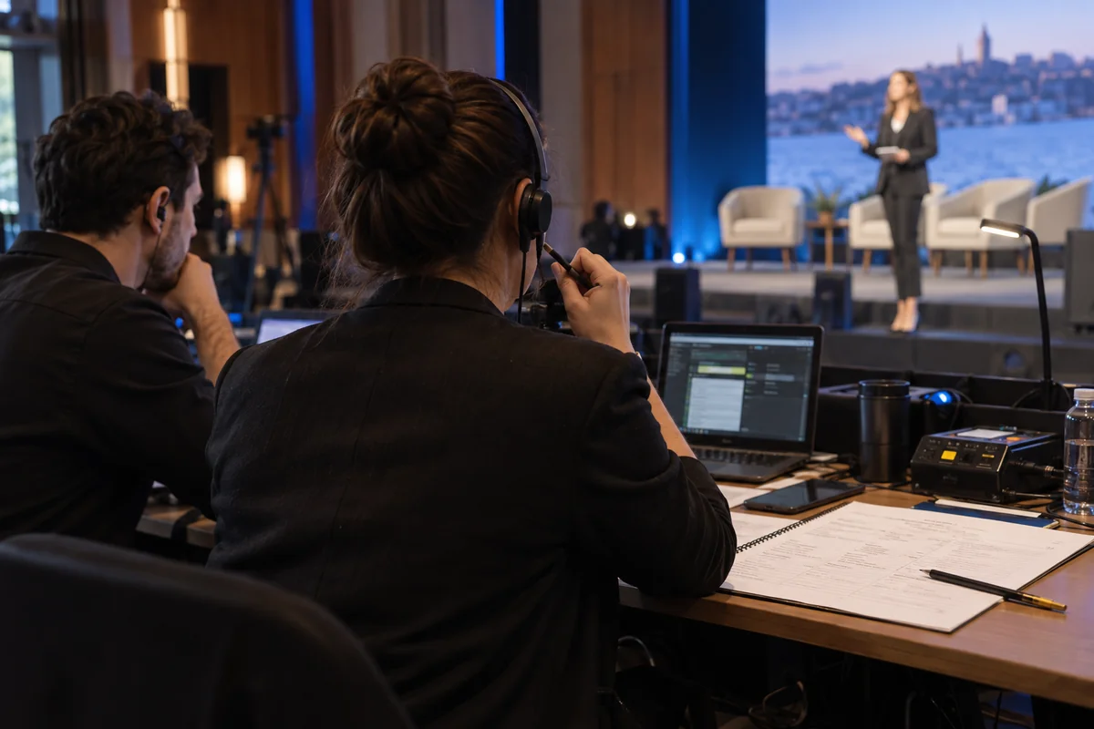 Show caller at a technical desk watching a speaker rehearse on a conference stage